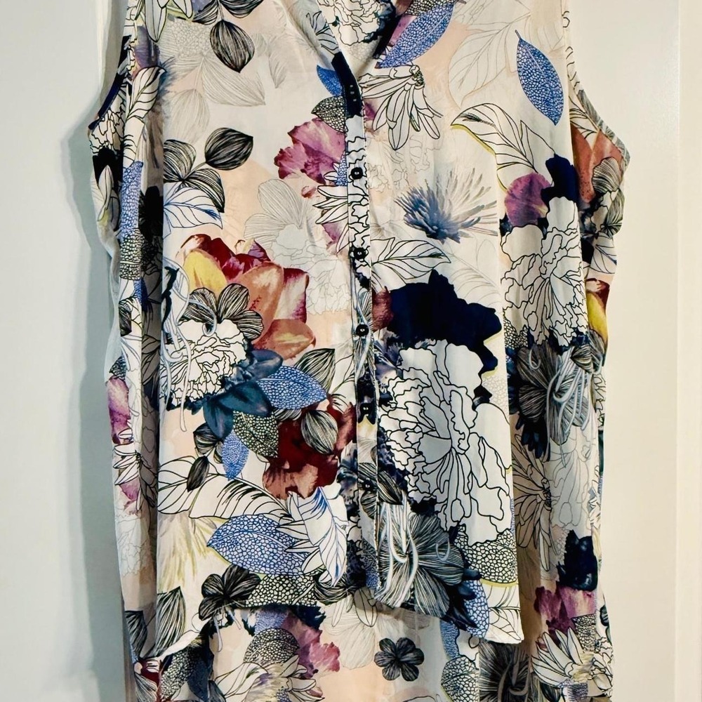Spense Floral Blouse 1X Multicolor Sleeveless High-Low V-Neck Summer